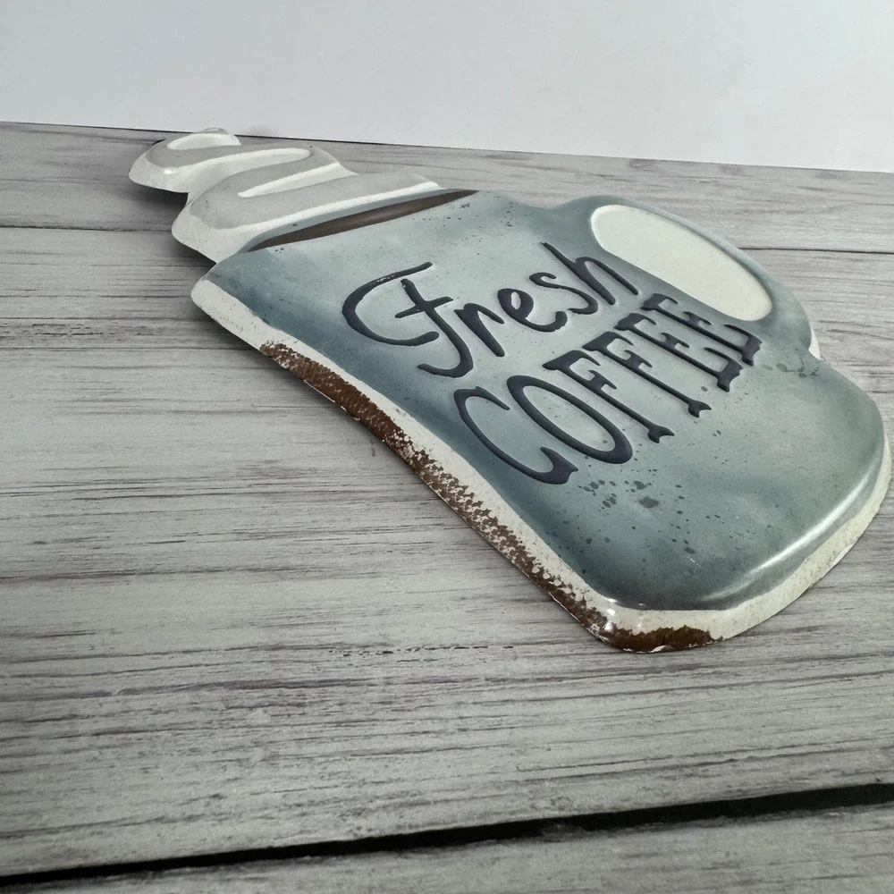 Fresh Coffee Metal Wall Sign Vintage Farmhouse Kitchen Cafe Decor Blue Mug 15in